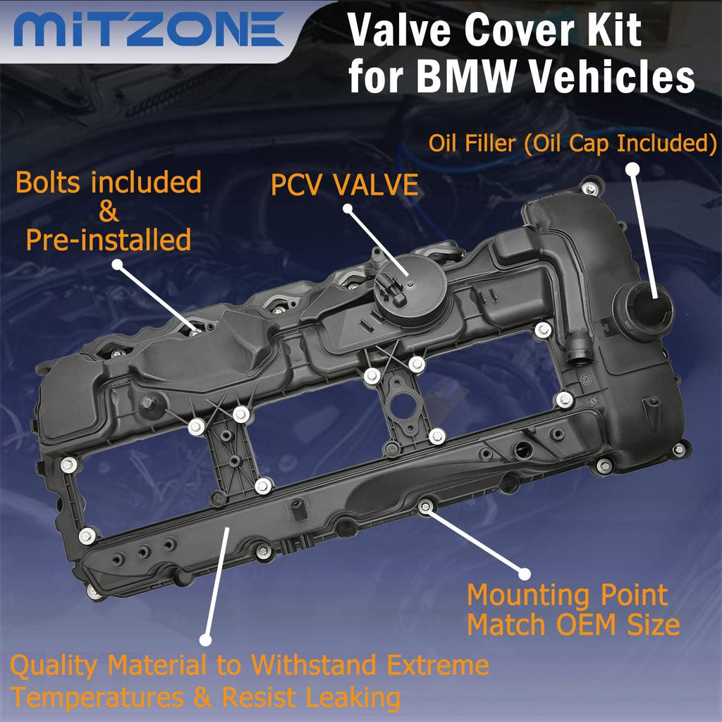 N55 Engine Valve Cover with Gasket Bolts Kit & Oil Cap U7601