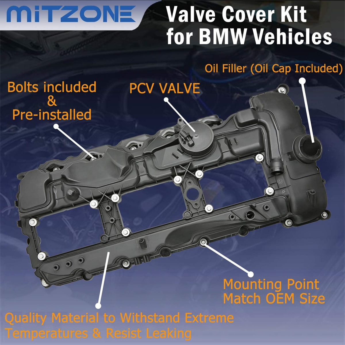 N55 Engine Valve Cover with Gasket Bolts Kit & Oil Cap U7601