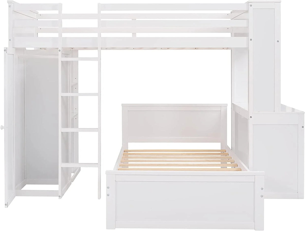 White Wooden Over Bunk Bed with Desk and Drawers Y690758