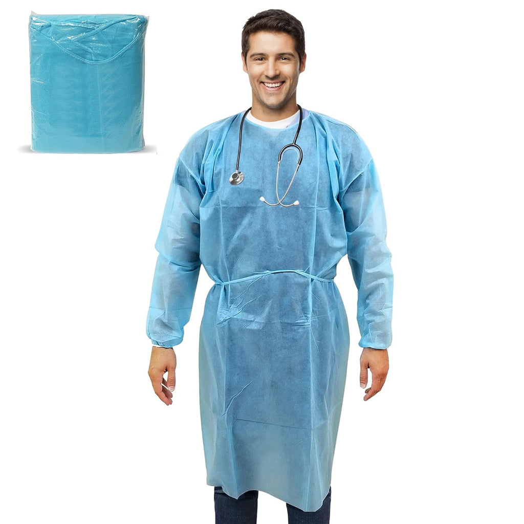 100 Pack Disposable Isolation Gowns Blue Level 2 SMS 40gsm Non-Woven Material T263