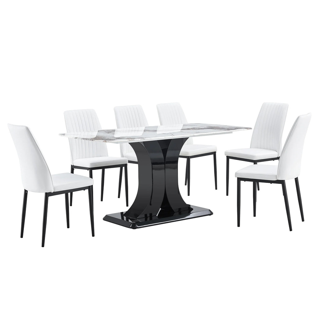 7 Piece Dining Table Set with 6 White Chairs Q37122