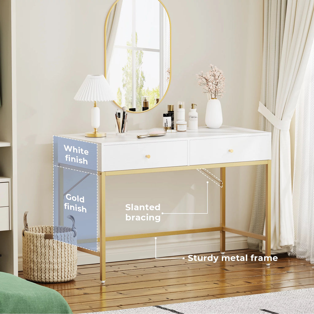 White and Gold Vanity Desk with Drawers B722425