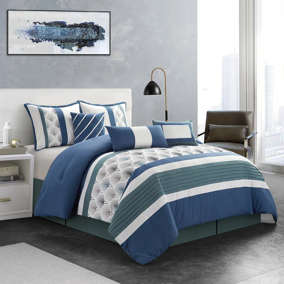 7 Piece Blue King Bedding Comforter Set W95637