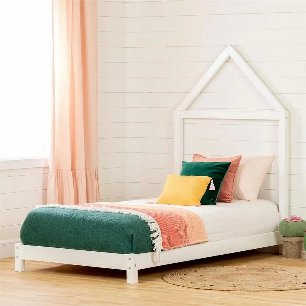 White Wood Bed with House Frame Headboard H382794