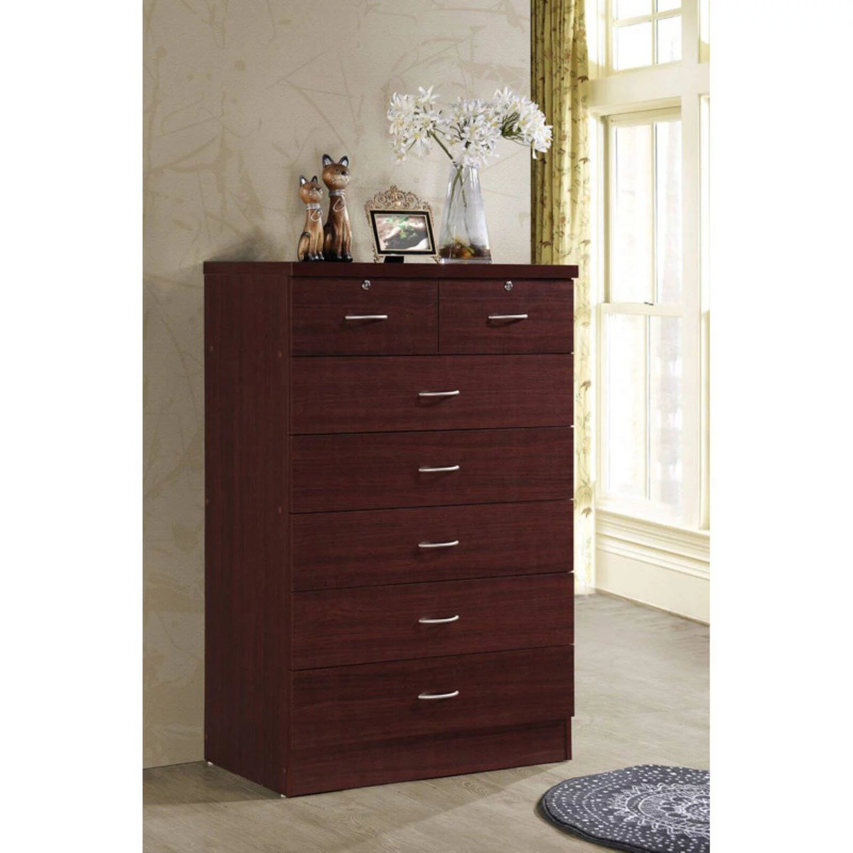 7 Drawer Wooden Jumbo Dresser Chest with 2 Top Locks, Cherry J6235