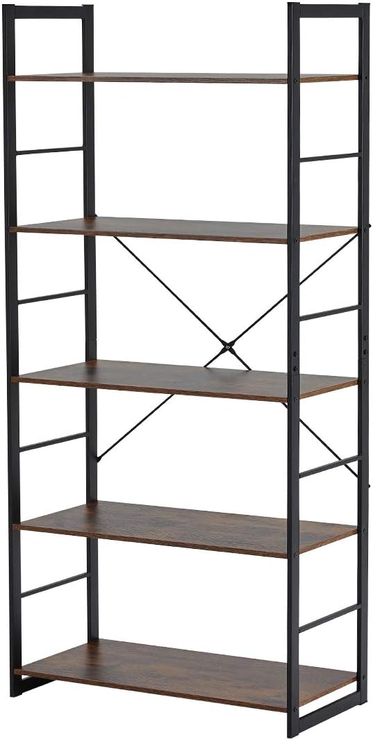 5 Tier Rustic Wood and Metal Bookshelf K3522