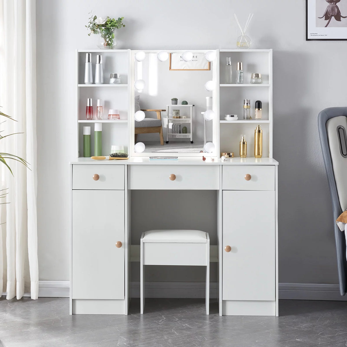 White Vanity Set with Lighted Mirror and Stool J2301