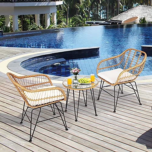 3 Pieces Outdoor Wicker Bistro Set with Cushions J530