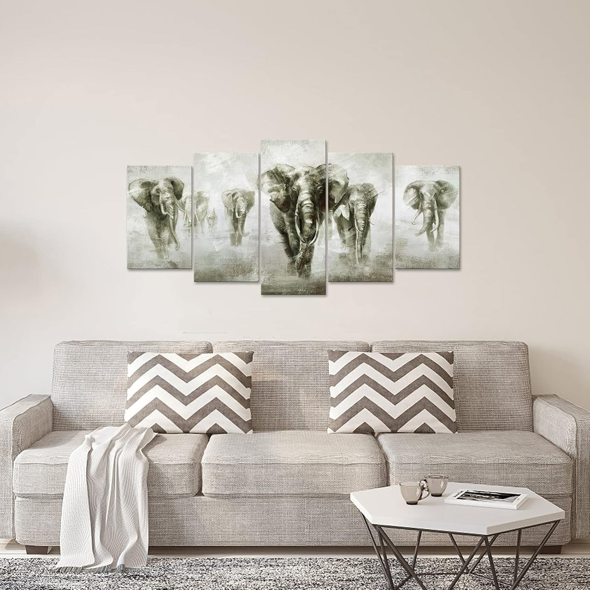 5 Panel Black and White Grey Elephant Canvas Wall Art V720971