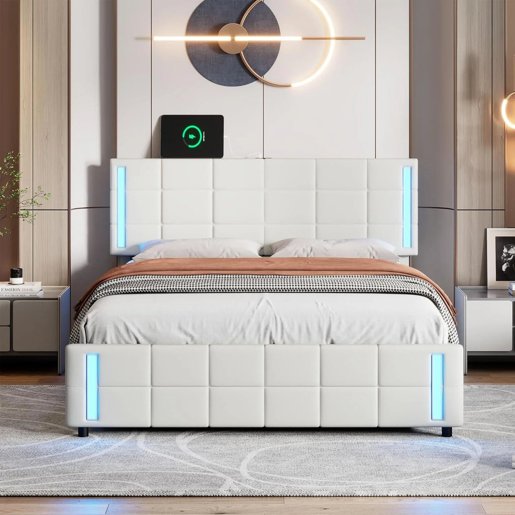 Queen Size Upholstered Platform Bed Frame with LED Lights and 4 Drawers White B3941