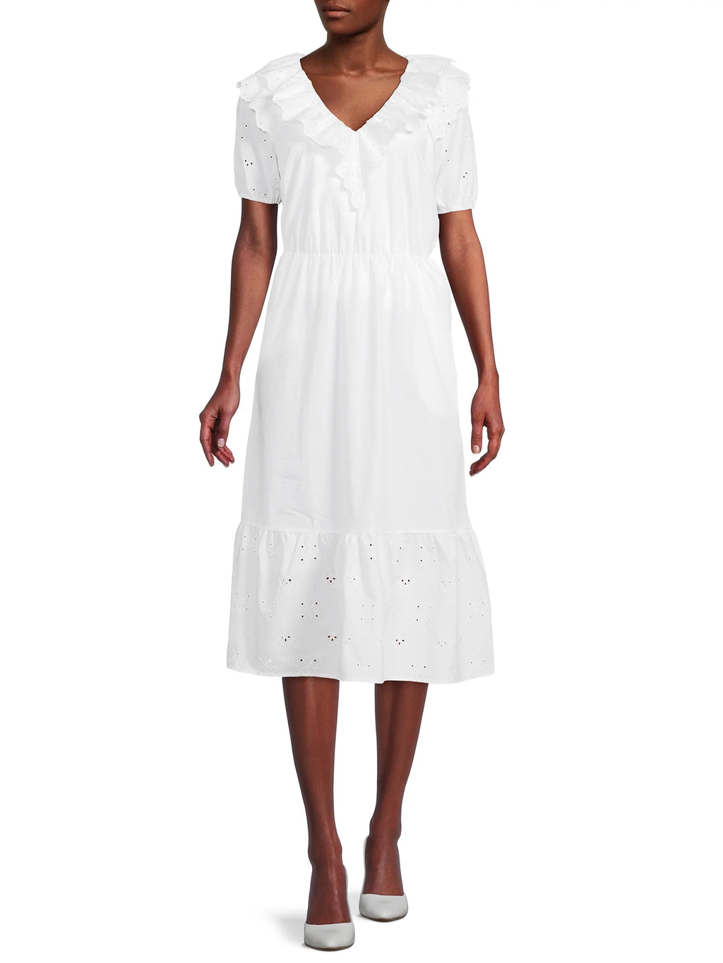 Women's Eyelet Ruffle Midi Dress with Short Sleeves T1739