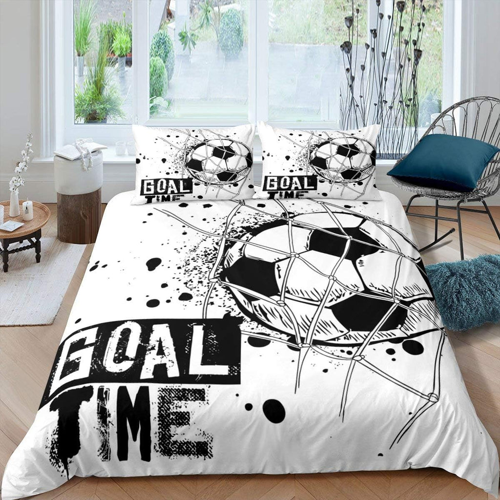 Black White Twin Size Kids Soccer Comforter Cover Bedding Set F782219