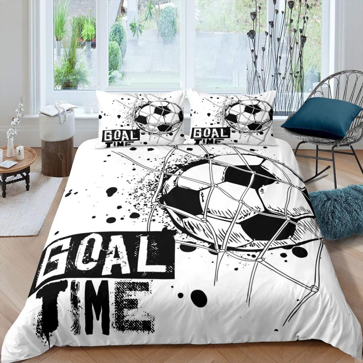 Black White Twin Size Kids Soccer Comforter Cover Bedding Set F782219