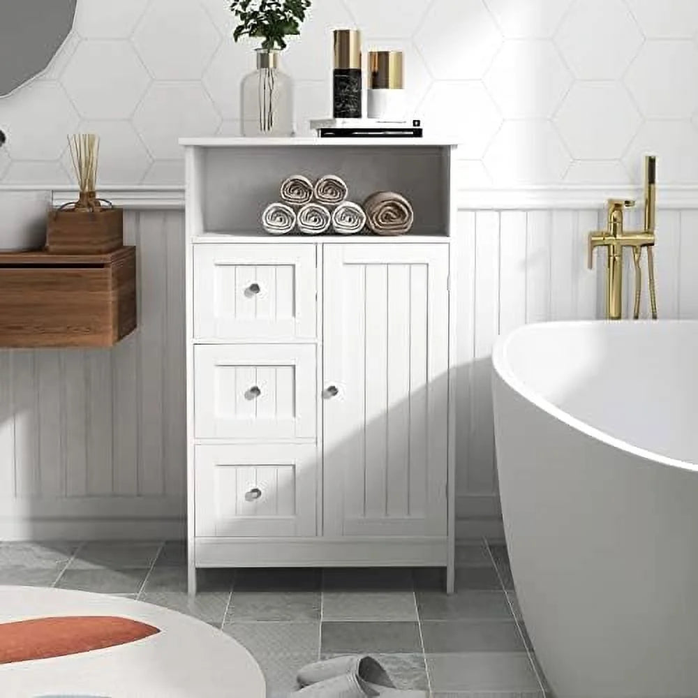 White Corner Bathroom Floor Cabinet with Door and Drawer M98636