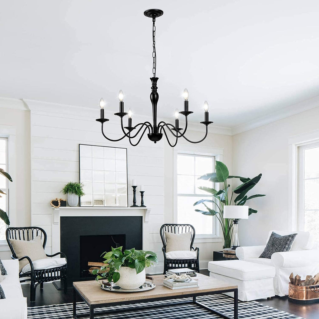 Rustic Farmhouse 6-Lights Black Metal Candle Chandelier L4383