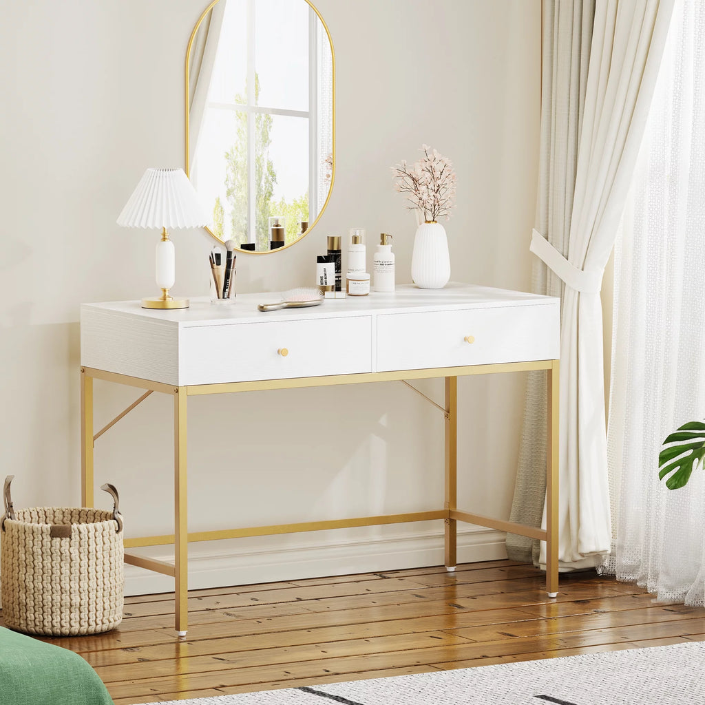 White and Gold Vanity Desk with Drawers B722425