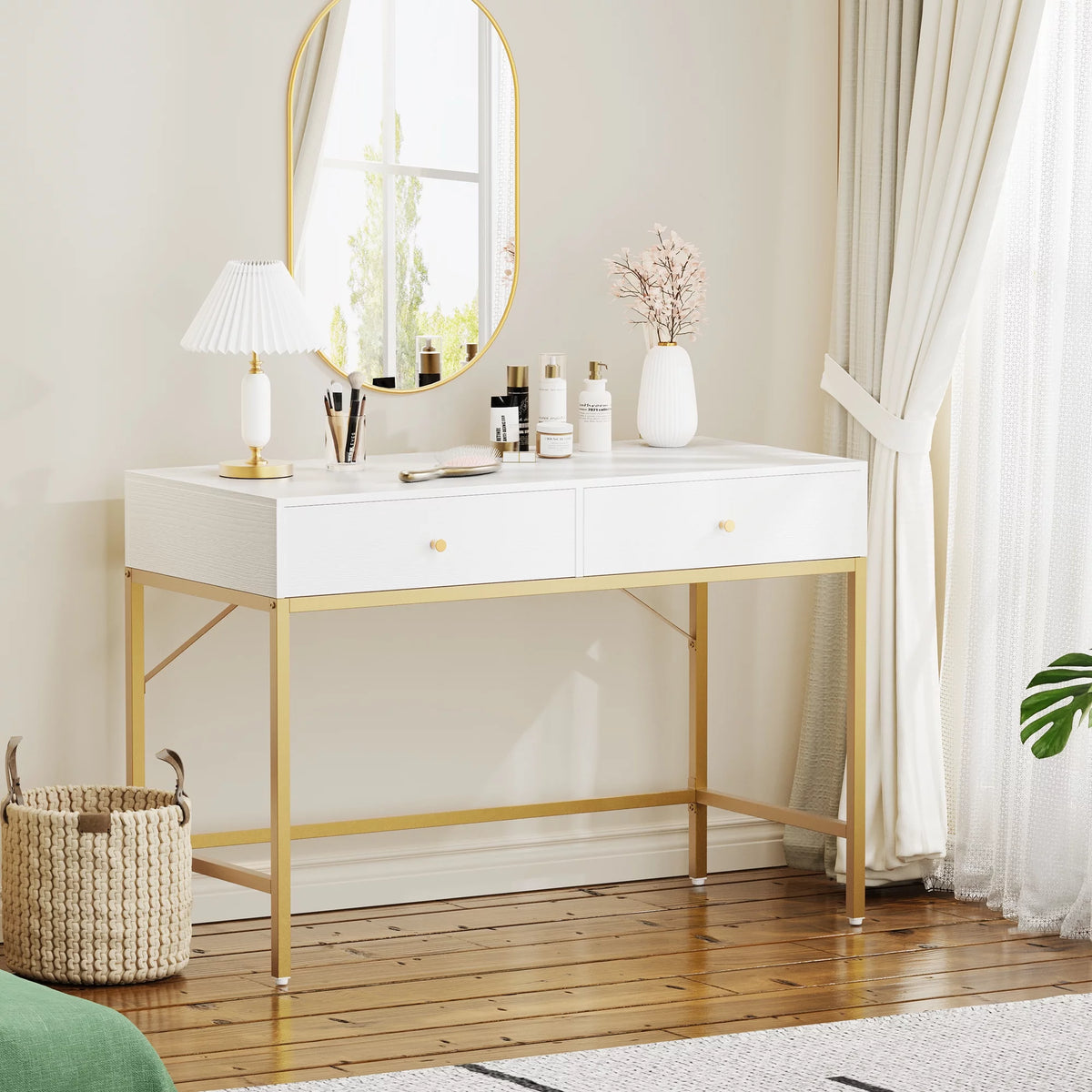 White and Gold Vanity Desk with Drawers B722425