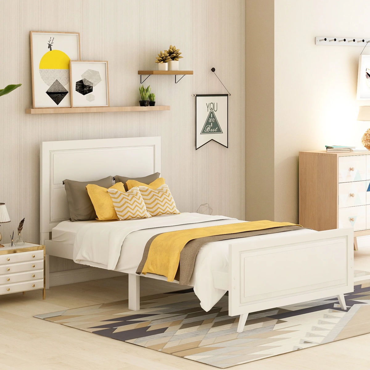 White Wood Twin Bed Frame with Headboard and Footboard T128988