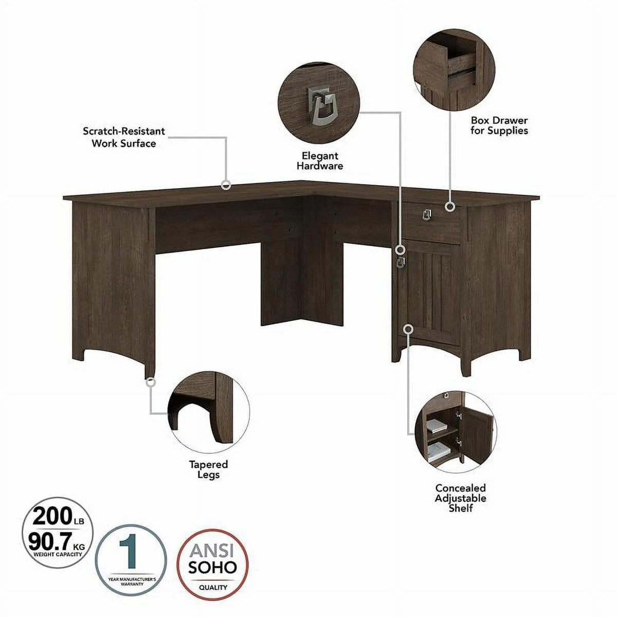 L Shaped Desk with Storage in Ash Brown Z620411