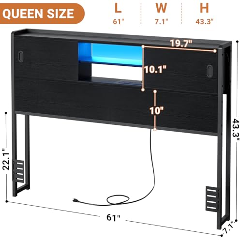 Black Queen Size Storage Headboard with Outlet USB and LED Light N243