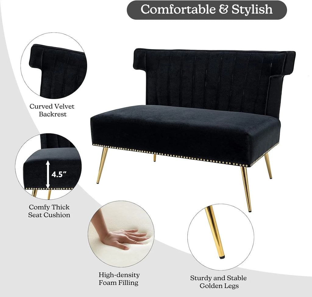 Velvet Upholstered Armless Loveseat Sofa with Golden Metal Legs C163
