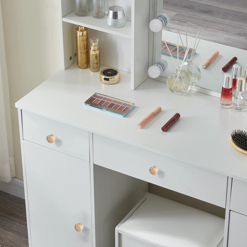 White Vanity Set with Lighted Mirror and Stool J2301