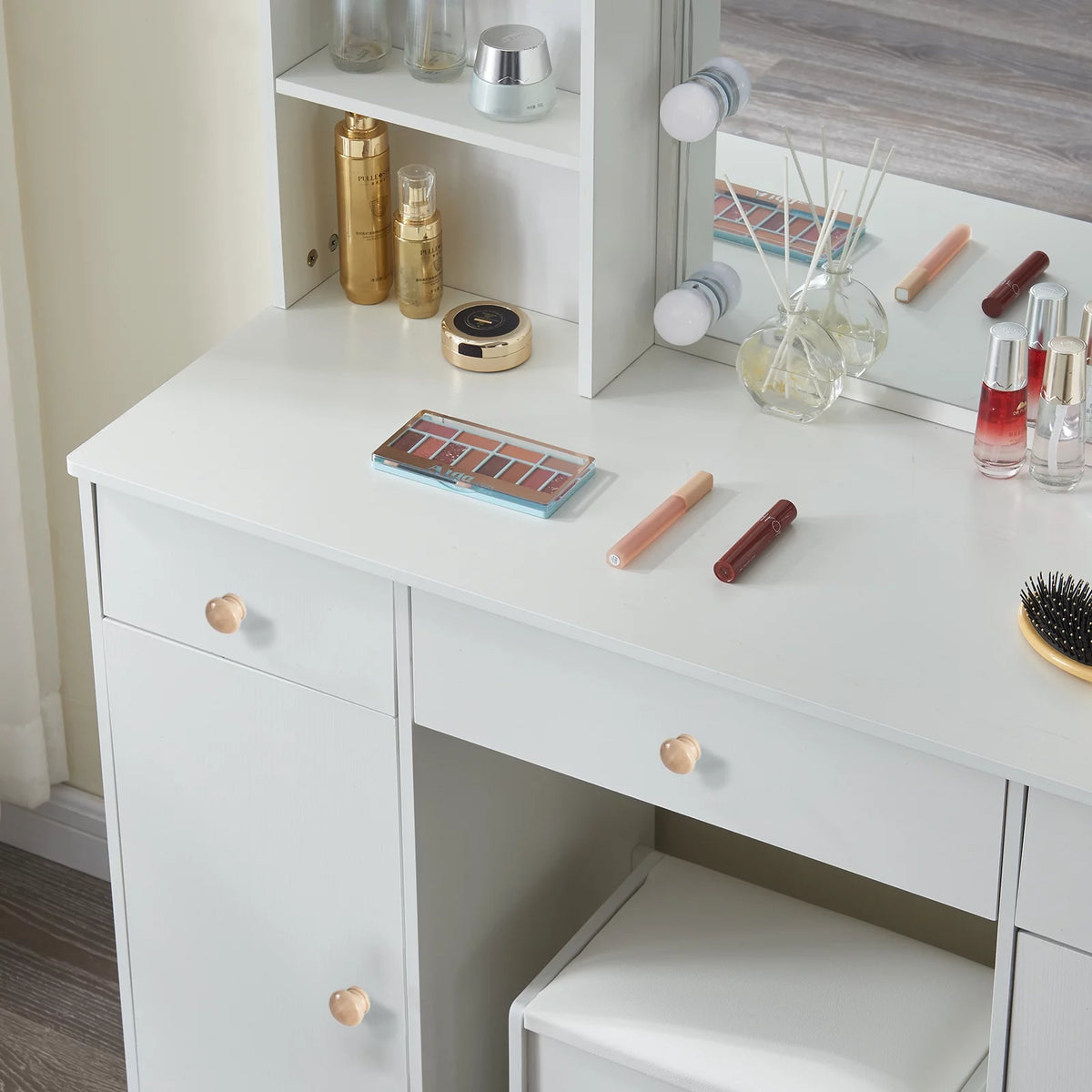 White Vanity Set with Lighted Mirror and Stool J2301