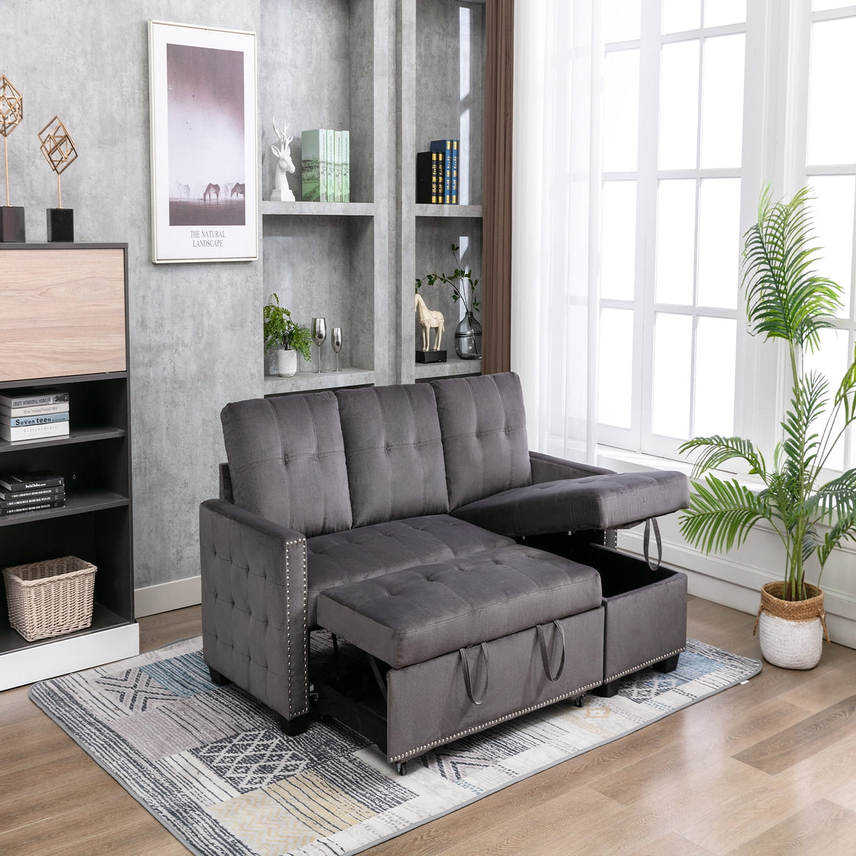 Gray Velvet Reversible Sleeper Sofa with Storage Chaise R95993