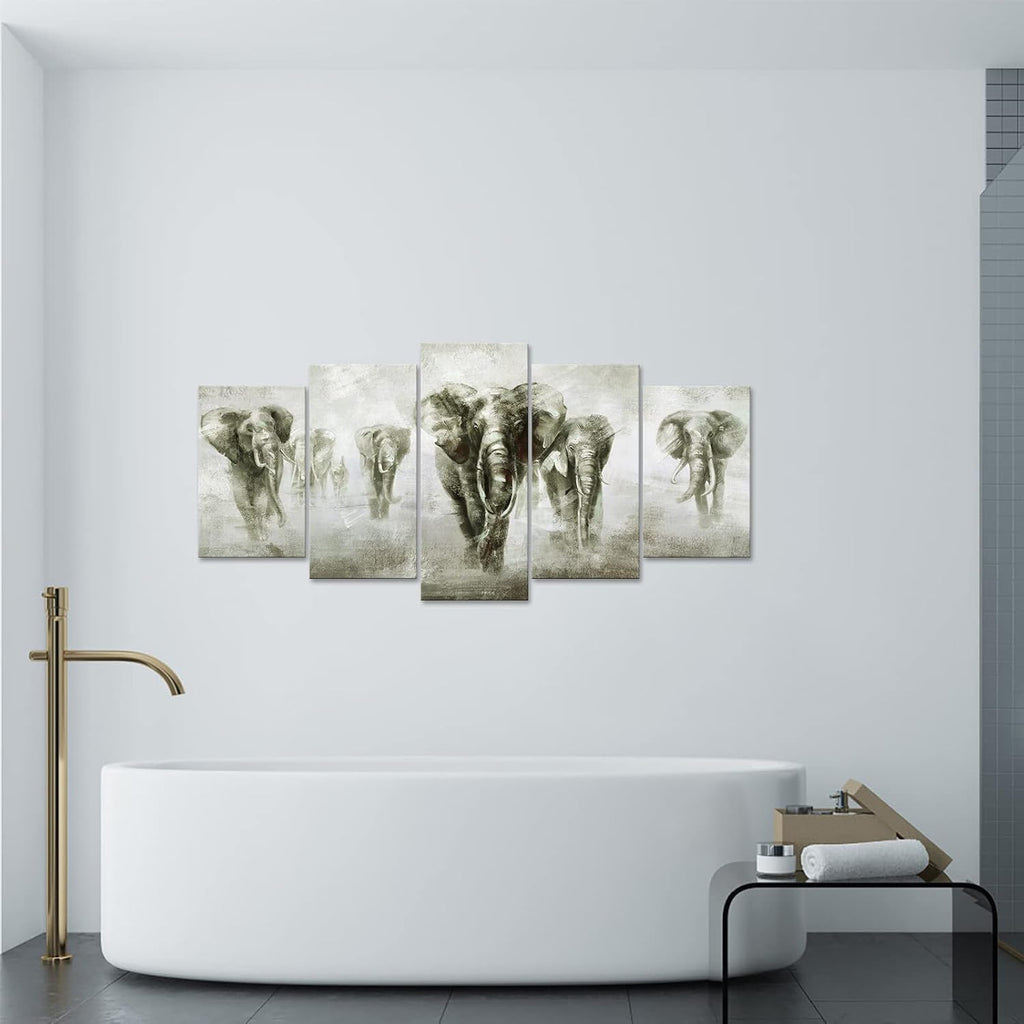 5 Panel Black and White Grey Elephant Canvas Wall Art V720971