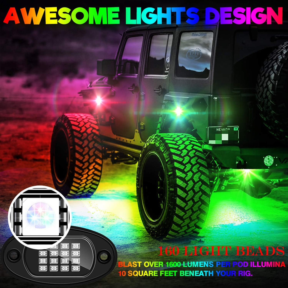 10-pods Trucks LED RGB Neon Underglow Rock Lights Kit, Dual-Zone, 160LEDs, 2-in-1 Line, Waterproof 12V, Pack of 2 J7665