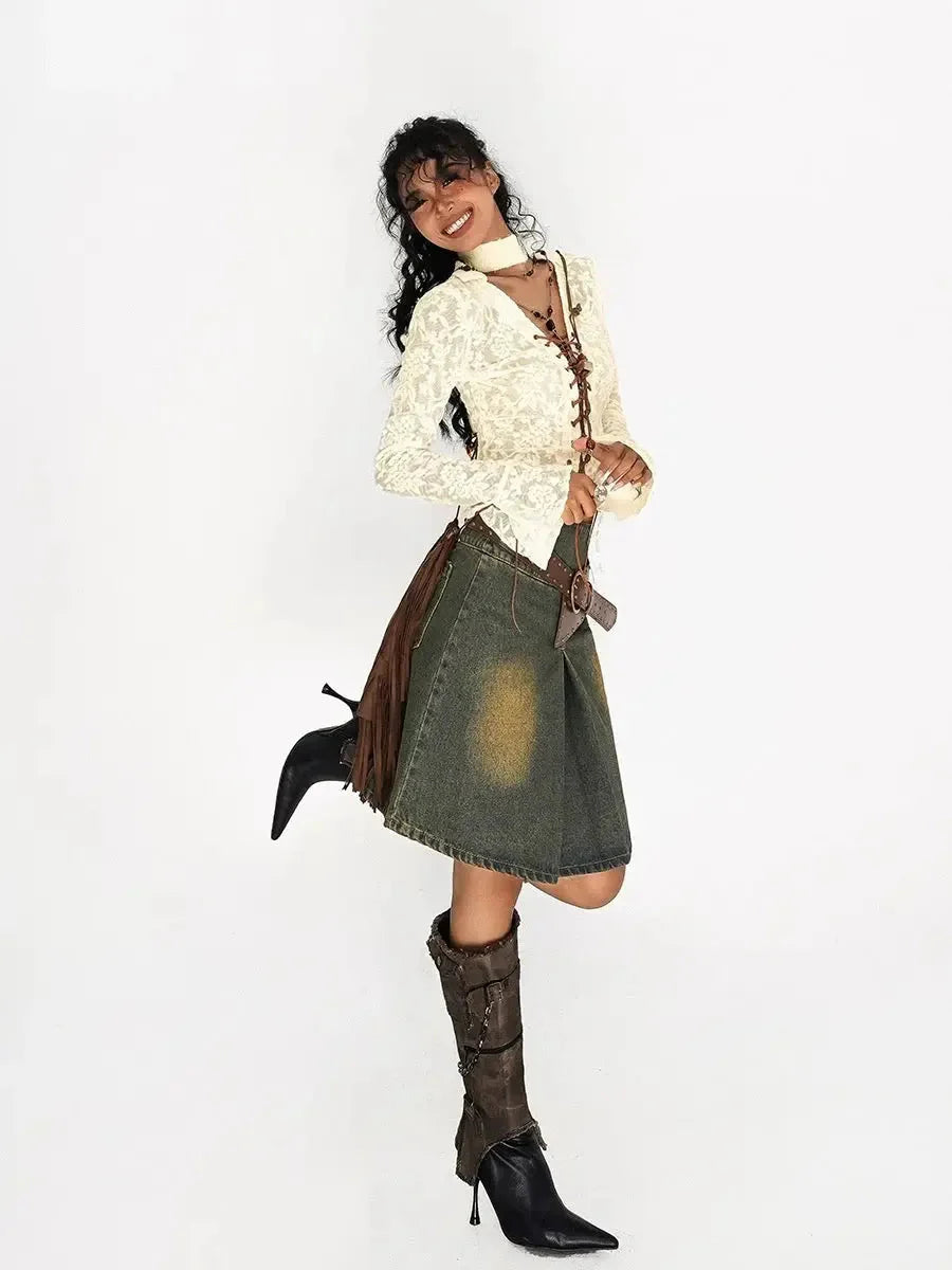 Denim Distressed Mid Thigh Skirt J8964