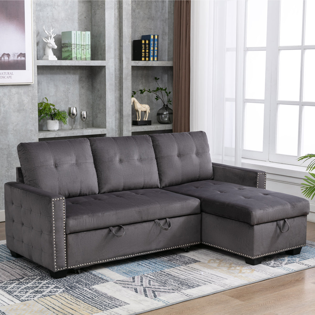 Gray Velvet Reversible Sleeper Sofa with Storage Chaise R95993