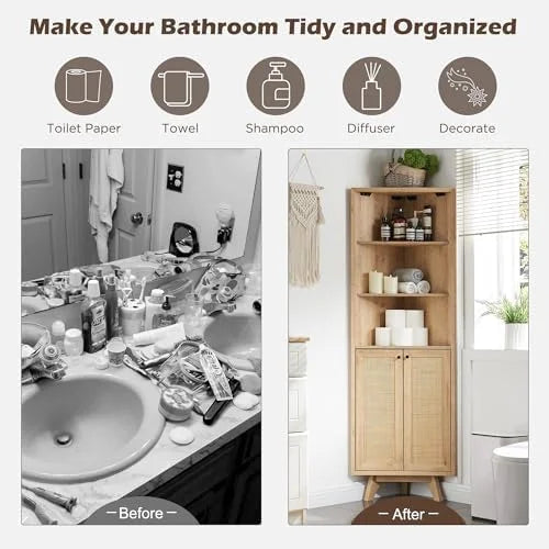 Natural Rattan Bathroom Floor Cabinet with Sliding Door & 3 Drawers J2129