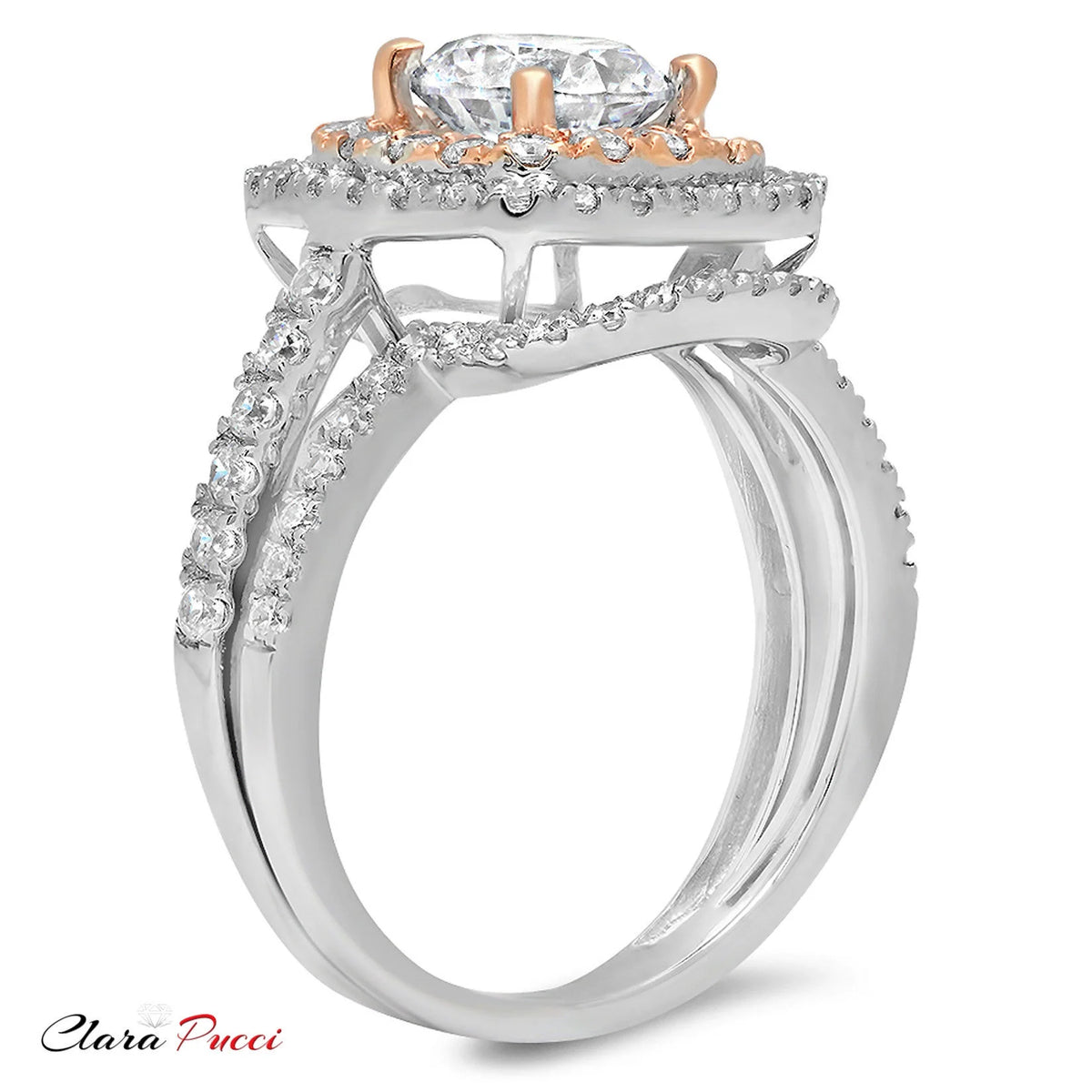 14K White Rose Gold Halo Engagement Ring Set V3772