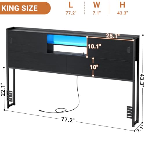 Black Queen Size Storage Headboard with Outlet USB and LED Light N243
