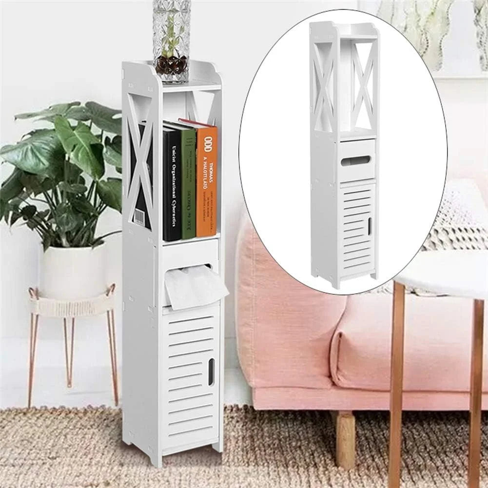 White 4 Tier Bathroom Storage Cabinet with 1 Door and 3 Shelves P7498