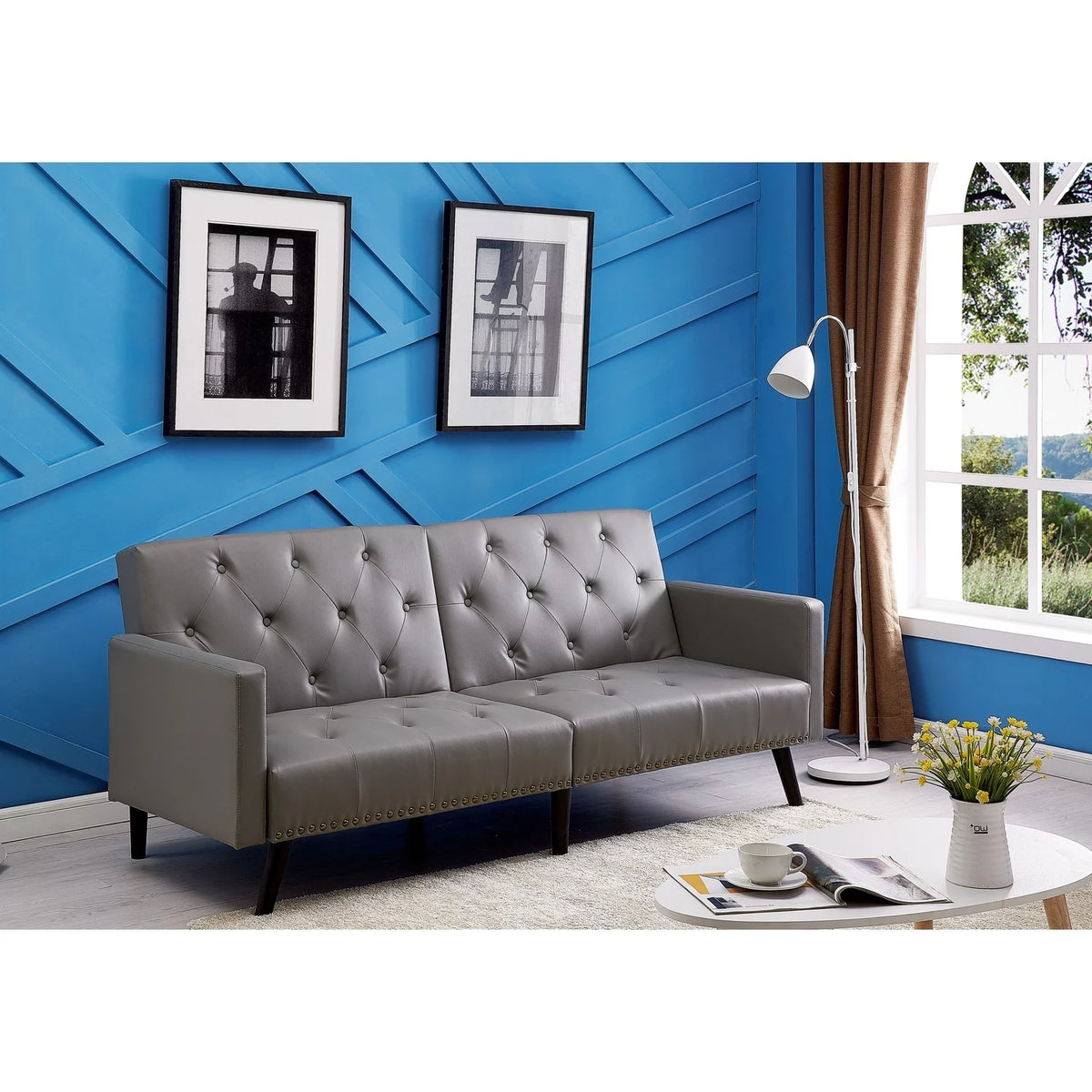 Gray Faux Leather Convertible Futon Sofa M71030