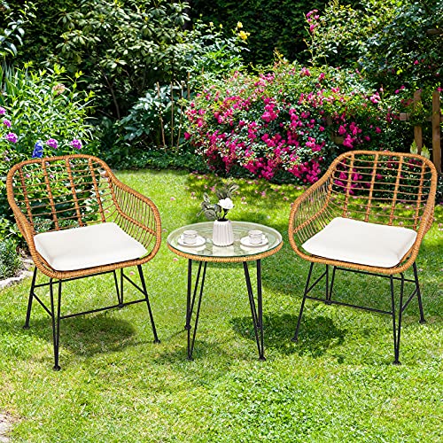 3 Pieces Outdoor Wicker Bistro Set with Cushions J530