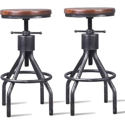 Set of 2 Adjustable Round Wood Metal Swivel Bar Stool Z703293