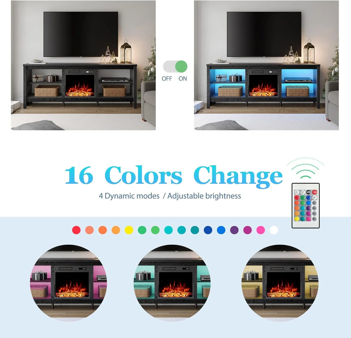 Black Wood Fireplace TV Stand with LED Lights and Storage R967