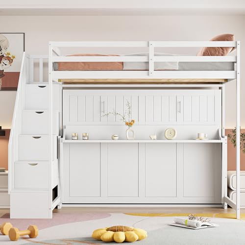 Grey Murphy Bed with Stairs and Desk O759264