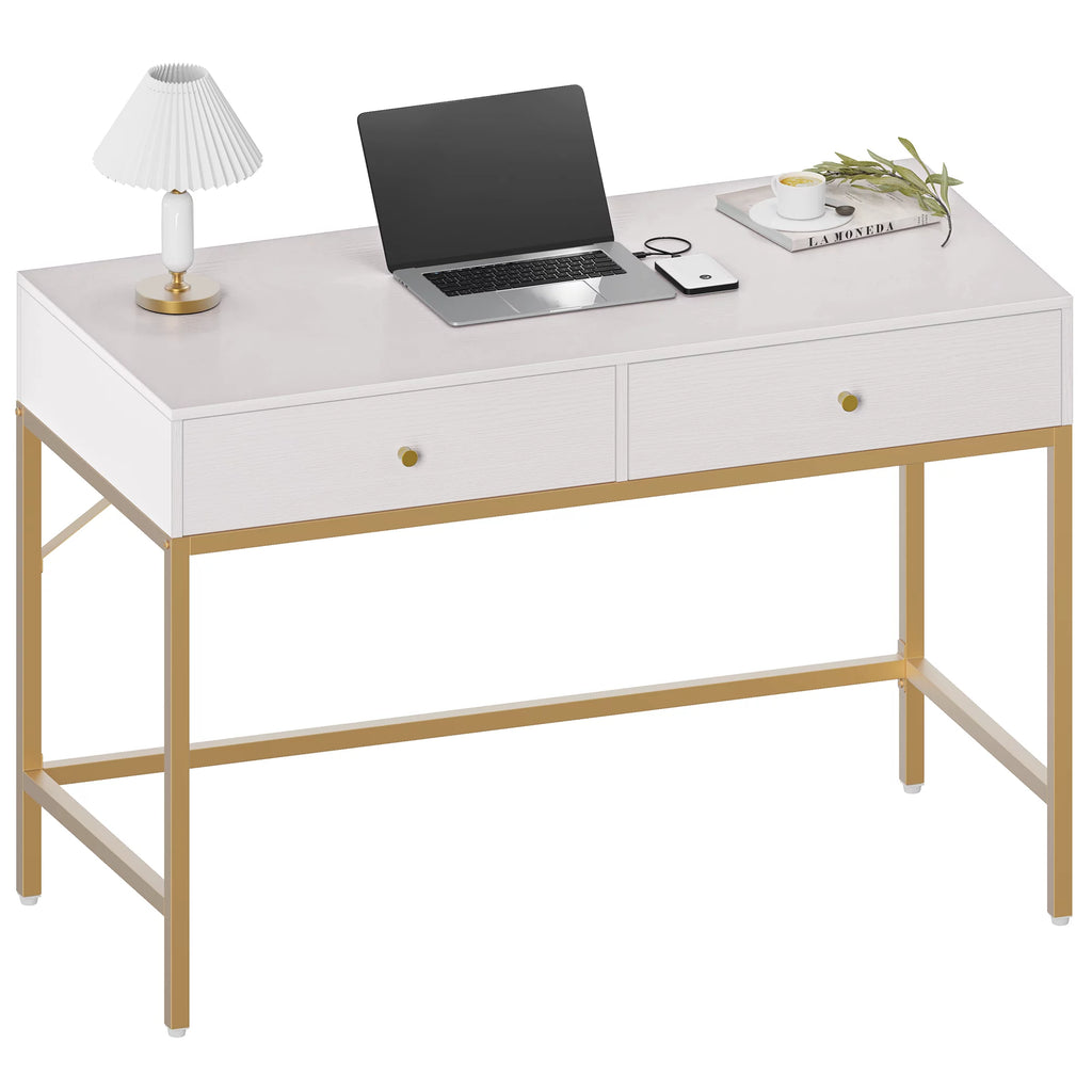 White and Gold Vanity Desk with Drawers B722425