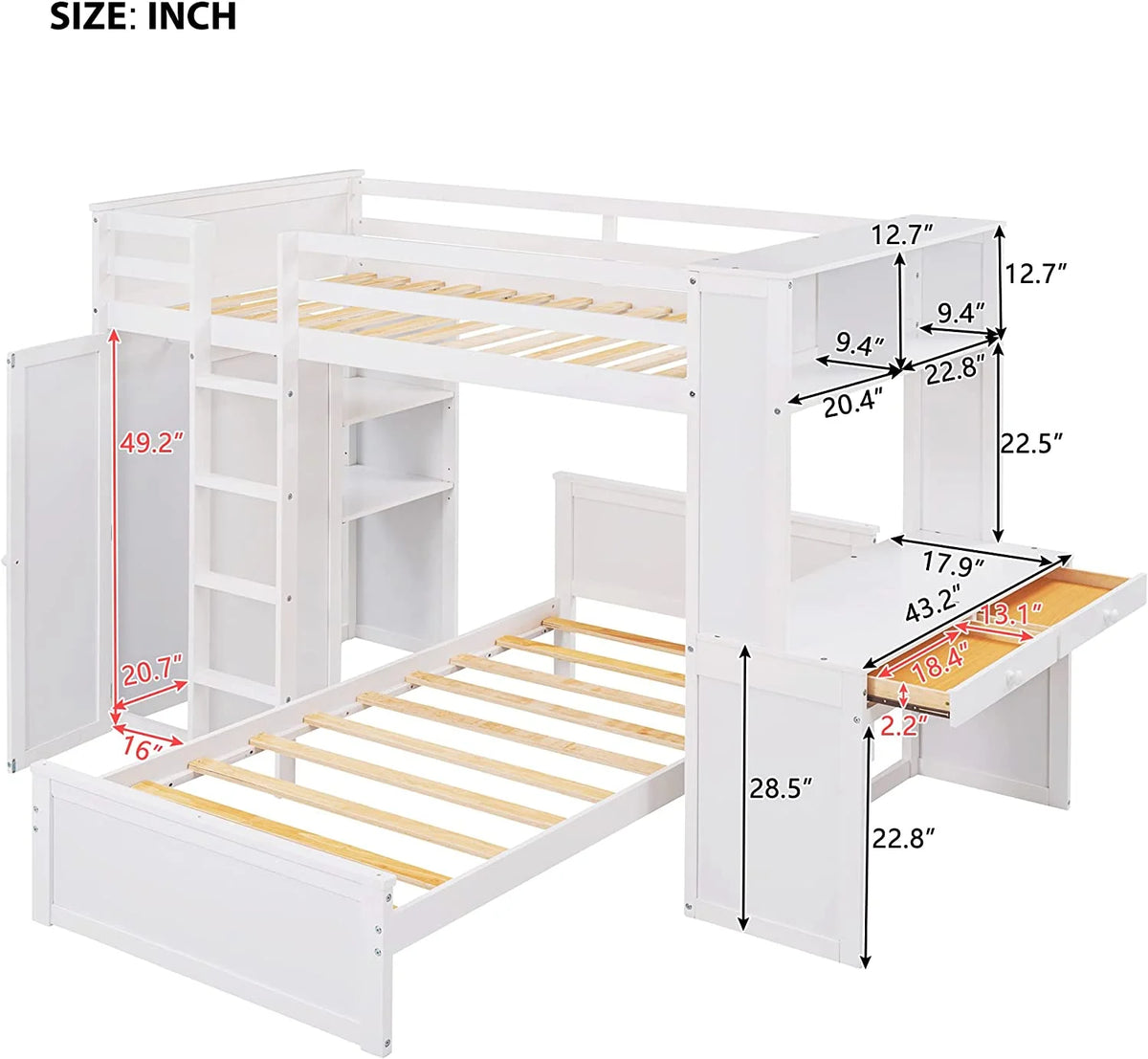 White Wooden Over Bunk Bed with Desk and Drawers Y690758