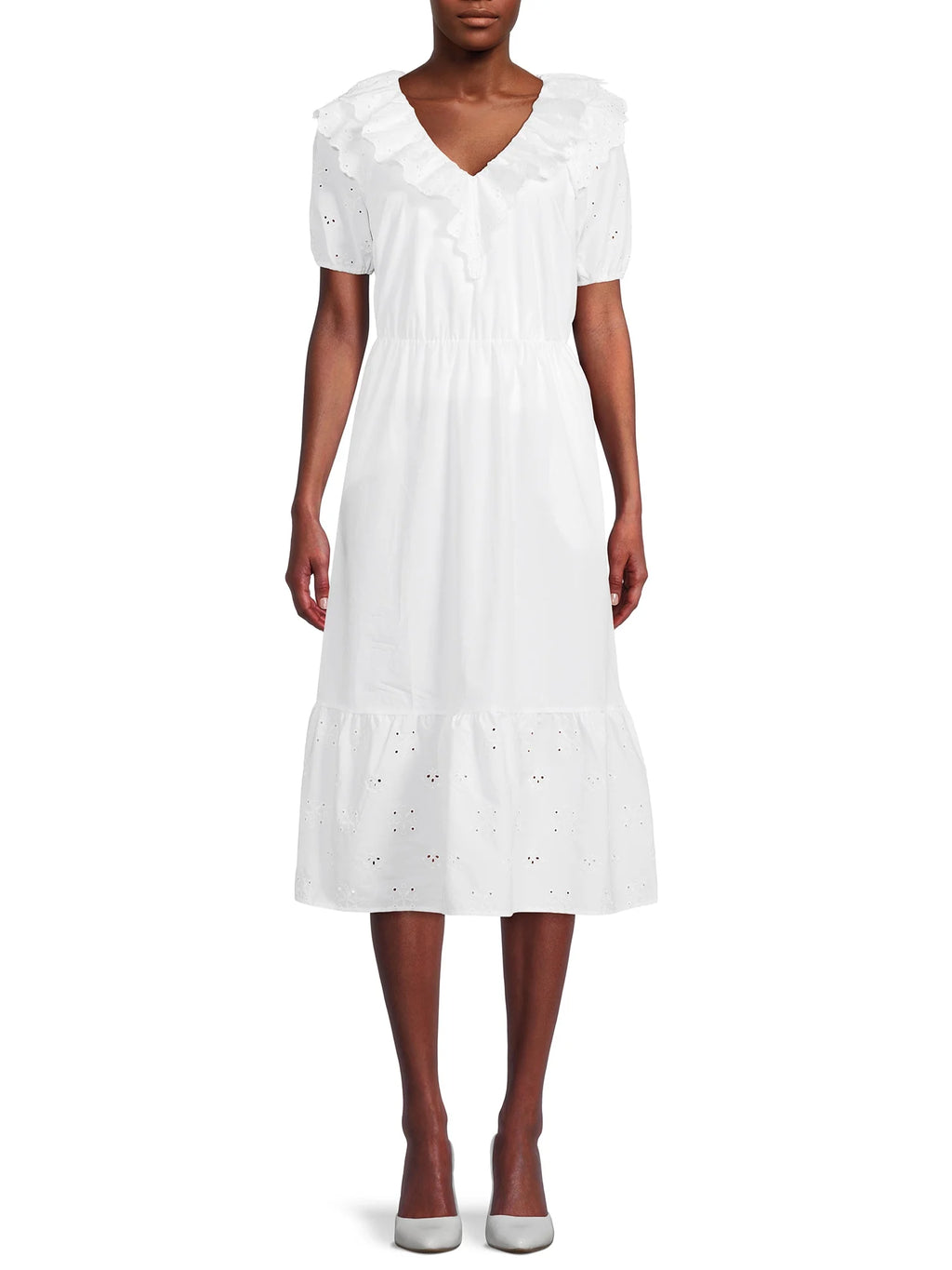 Women's Eyelet Ruffle Midi Dress with Short Sleeves T1739