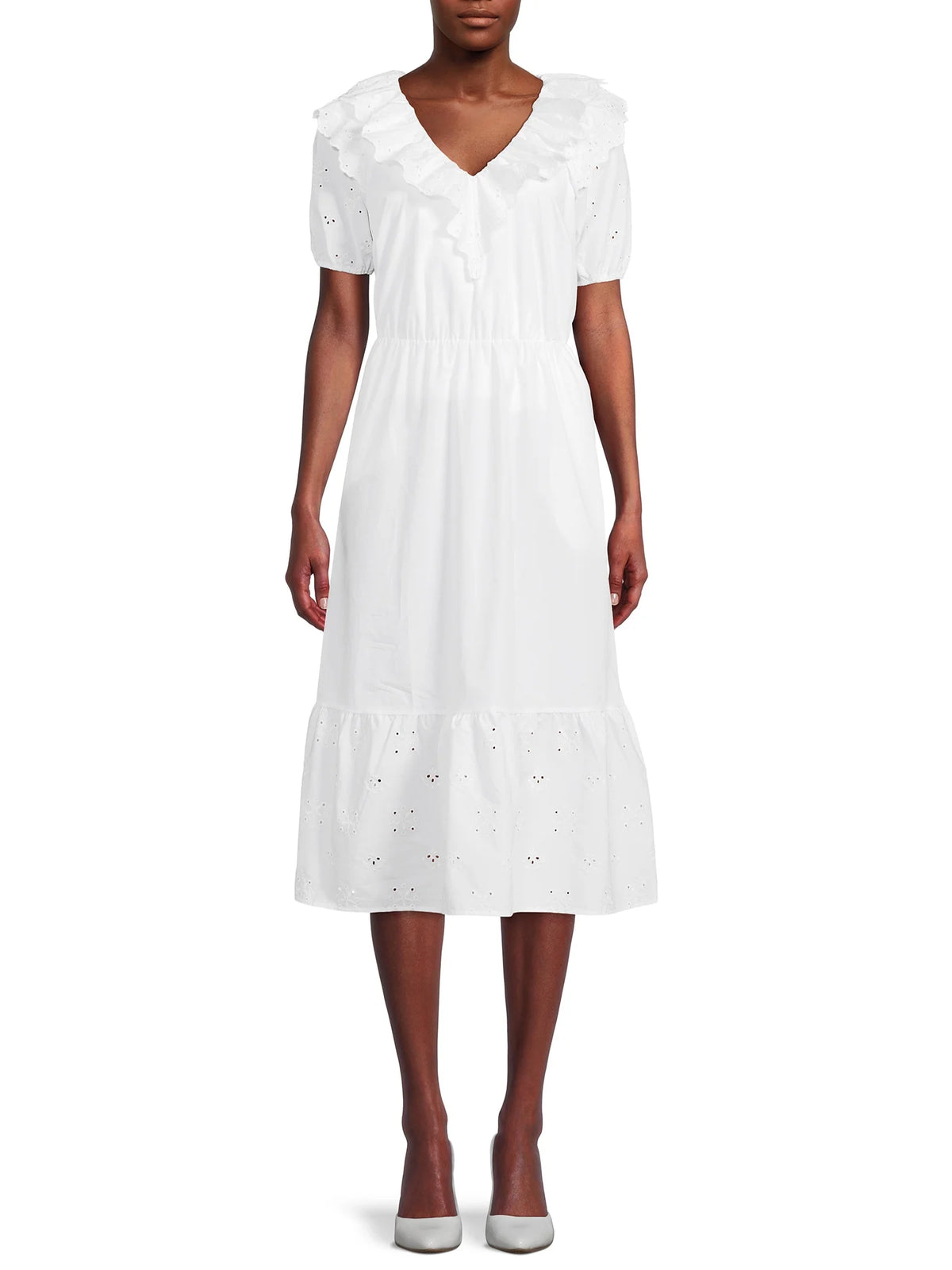 Women's Eyelet Ruffle Midi Dress with Short Sleeves T1739