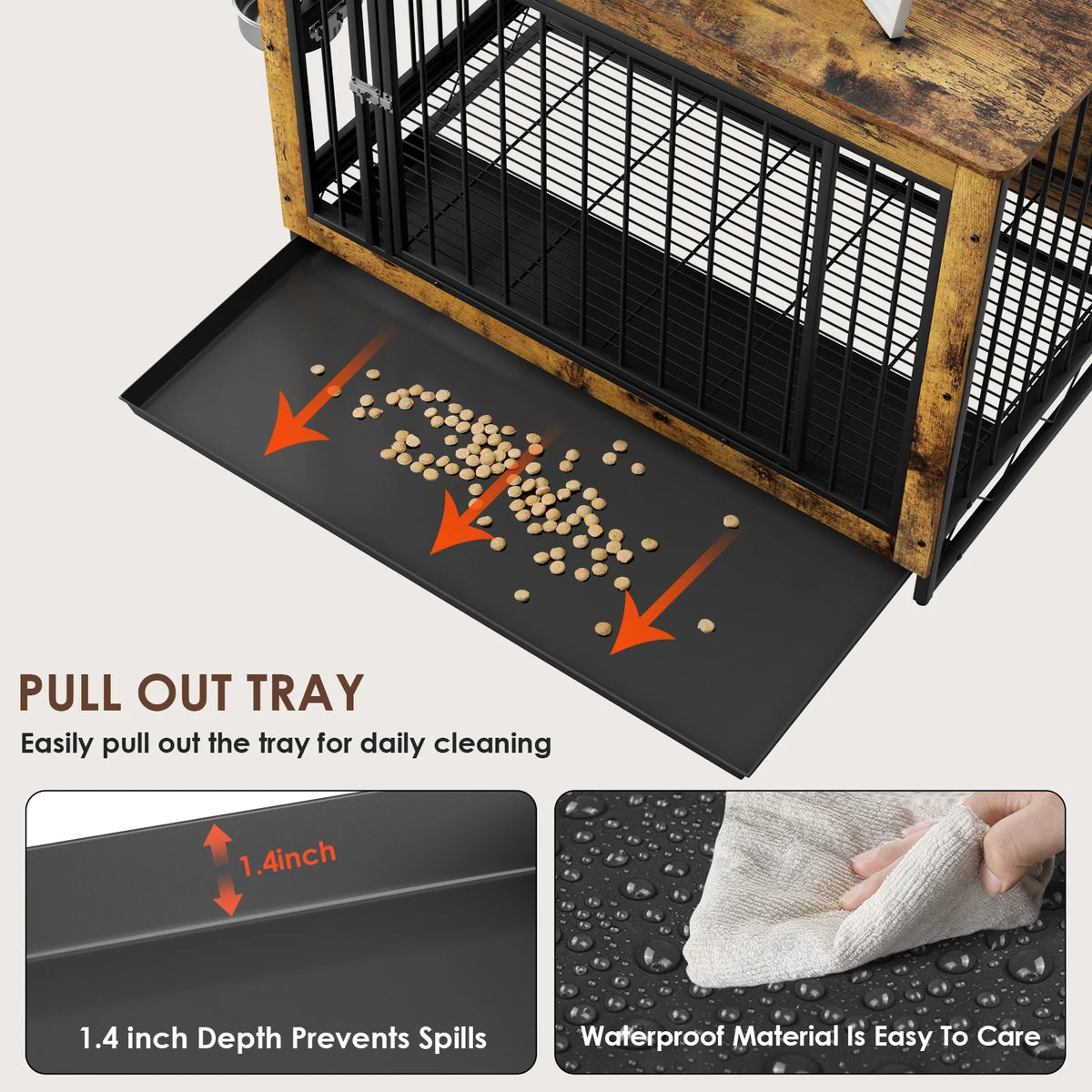 44.1'' Wooden Dog Crate with 2 Stainless Steel Bowls B4900