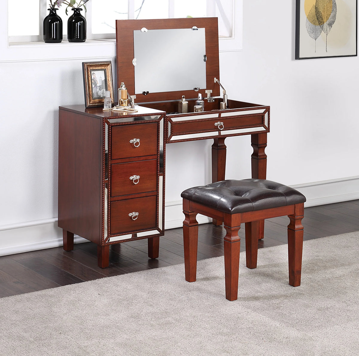Cherry Color Vanity Set with Stool and Storage Drawers A12307