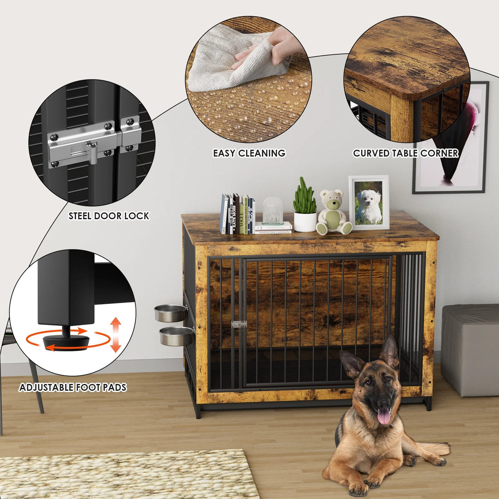 44.1'' Wooden Dog Crate with 2 Stainless Steel Bowls B4900