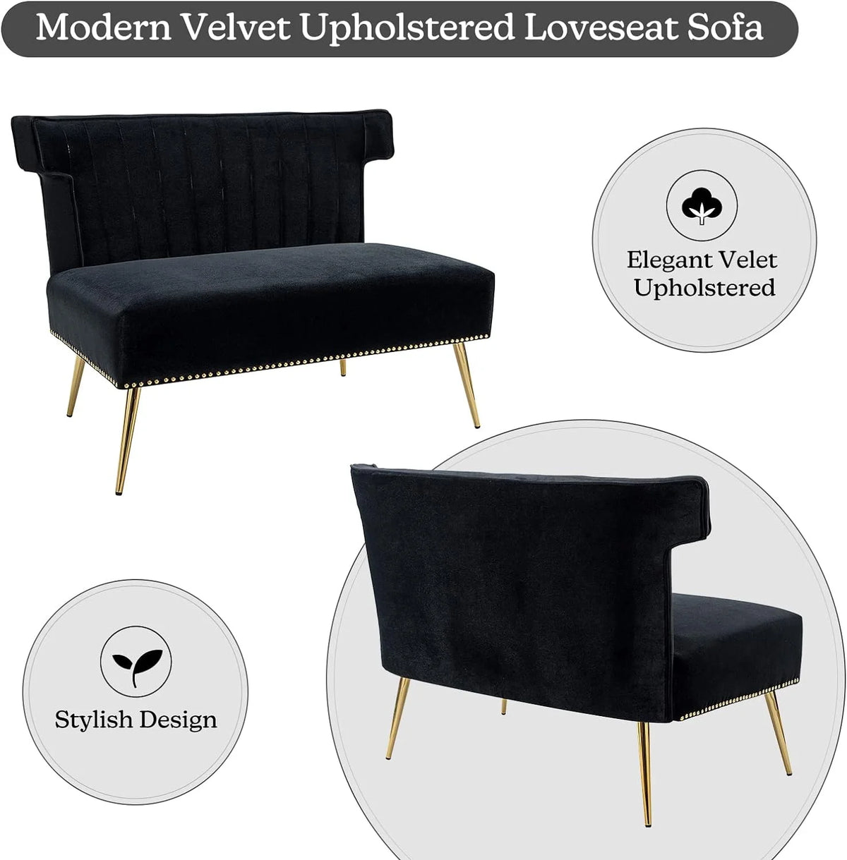 Velvet Upholstered Armless Loveseat Sofa with Golden Metal Legs C163