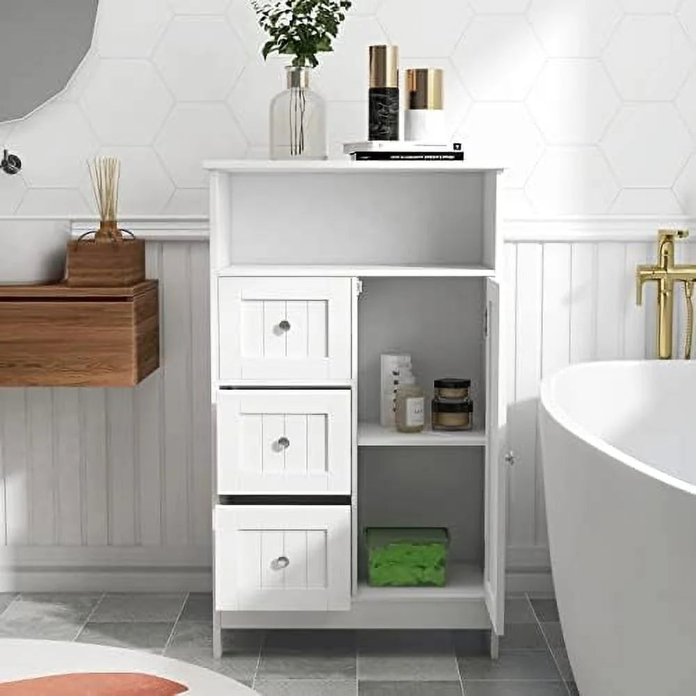 White Corner Bathroom Floor Cabinet with Door and Drawer M98636